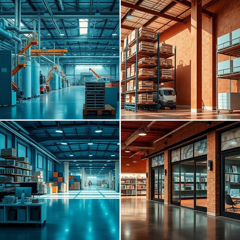 Kolaž četiri industrijska prizora: tvornica, logističko skladište, maloprodaja i javna ustanova